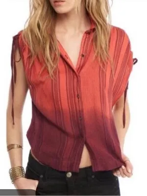 Free People dip dye ombre button down stripe top ruched shoulder bow tie small thumbnail 1