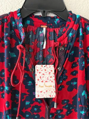 NEW Free People Red Floral Bohemian Keyhole Long Sleeve Mini Dress SMALL Tunic thumbnail 8