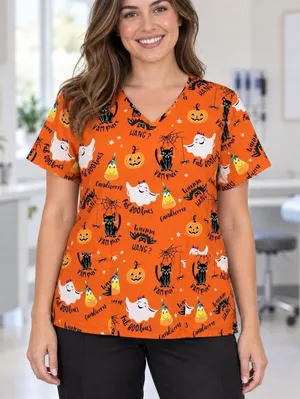 Scrubstar Womens L Halloween Print V-Neck Short Sleeve Scrub Top Cotton Orange thumbnail 1