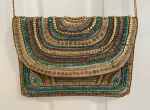Beaded Gold, Tan and Teal Clutch thumbnail 1