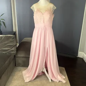 Woman’s Pink Formal Dress Gown with Sheer Lace Top Leg Slit Zip Back Size 14 thumbnail 3