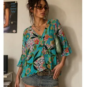 Elegancia Aqua Floral Blouse Vintage Inspired Y2K Art Girl‎ Resort Vibes Large thumbnail 2
