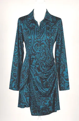 Venti6 LA Teal Abstract Swirl Ruched Mini Dress Long Sleeve Made in Italy S‎ thumbnail 1