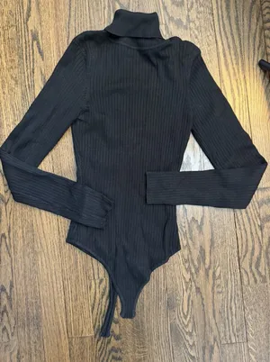 Naked Wardrobe Ribbed Black Turtleneck Thong Bodysuit Sz Small Stretch NEW thumbnail 1