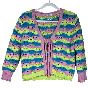 Zara Chunky Crochet Striped Front Tie Cardigan Retro Boxy Vibrant Y2K Sz M thumbnail 6