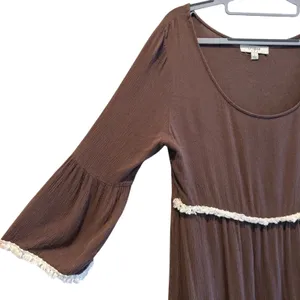 Umgee Babydoll Mini Dress Brown Boho Fringe Tiered Bell‎ Sleeve Women Size L thumbnail 3