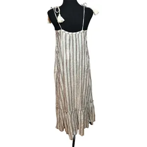 Tory Burch Striped Linen Maxi Dress Brown Cream Tassel Tie Straps 87512 Small thumbnail 4