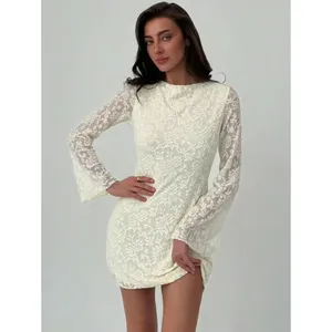 SHEIN Cream Lace Open Back Mini Dress Long Bell Sleeve Tie Back Large thumbnail 2