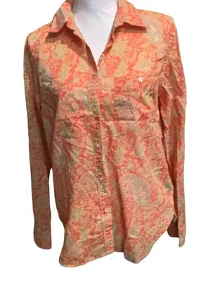Lauren Ralph Lauren Orange Floral Long Roll Tab Sleeve Pockets Blouse‎ Large thumbnail 1