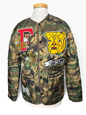First Row Camo Quilted Bomber Jacket Bulldog Embroidered Patches Small thumbnail 2