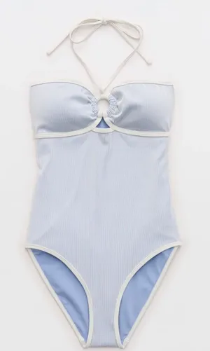 Aerie Blue & White Striped Halter One Piece Swimsuit XS NWT thumbnail 1