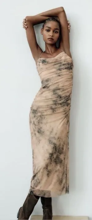 Zara Ruched Tulle Nude Tie-dye Maxi Dress thumbnail 1