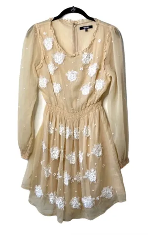 ASOS Sequin Flower Sheer Sleeve Nude Dress Size 6 thumbnail 1