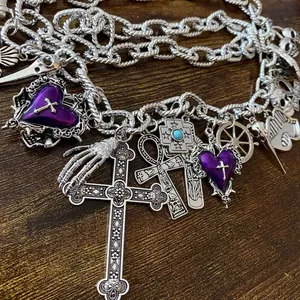 Silver Y2K Gothic Purple Heart Charm Chain Belt, Fits 14-40 Inches, X7GA1307 thumbnail 7