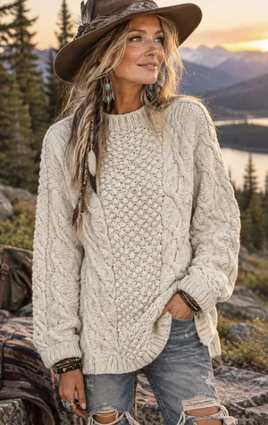Vtg Hand Knits Cable Sweater Cream Irish Wool Aran Fisherman M thumbnail 1