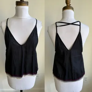 Free People Black Strappy Tank Top Crochet Accent Open Back thumbnail 2