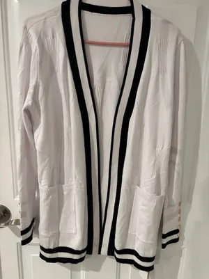 LOMON White Open Front Cardigan‎ Black Trim Gold Buttons Sz M Nautical Casual thumbnail 1