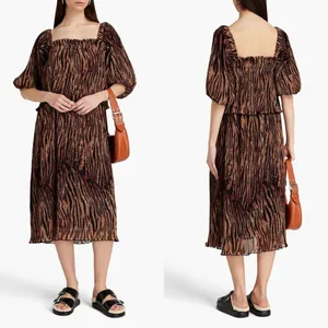 Ganni Layered Tiger-Print Plissé-Georgette Midi Dress Tiered Size 2 thumbnail 2