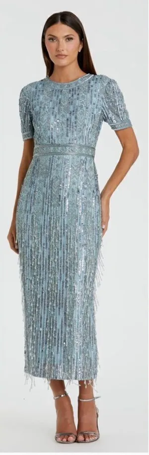 Mac Duggal 5980 Blue High Neck Short Sleeve Crystal Fringe Column Dress thumbnail 1