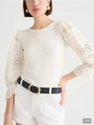 J.Crew Ruffle Trim Eyelet Vintage Ribbed Long Sleeve Top Beige Sz M thumbnail 1