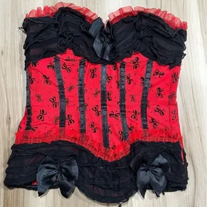 Red Black Glitter Bow Lace Up Corset Top Women’s Medium thumbnail 1