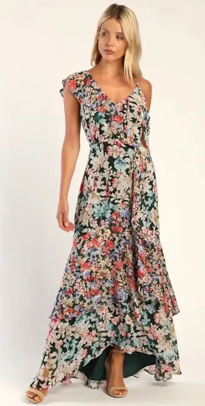 Lulus Radiant Hunter Green Floral Print Chiffon Maxi Dress thumbnail 1