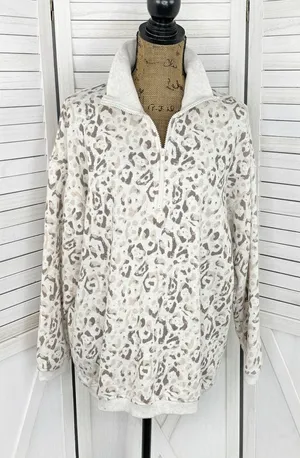 Aerie Leopard Print Oversized‎ Sweatshirt Cream Tan Beige Small Quarter Zip thumbnail 1
