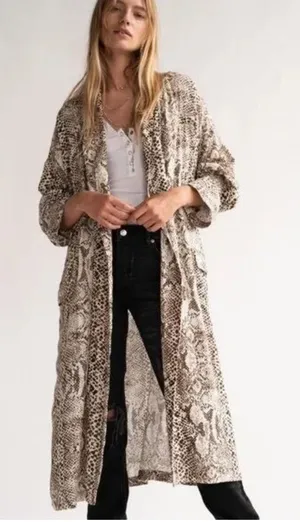 Free‎ People Wild Nights Snake Print Kimono Duster Brown Size S thumbnail 1
