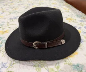 Black Felt Fedora Hat with Brown Leather Band thumbnail 1