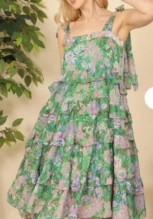 Olivaceous Floral Print Sleeveless Tie Shoulder Tiered Midi Dress Green Small thumbnail 1