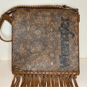 WRANGLER Floral Embossed Fringe Hobo Shoulder Bag Cowgirl PU Leather Brown thumbnail 3