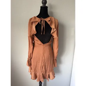 Here Comes The Sun Satin Wrap Mini Dress Tan Open Back Ruffle Long Sleeve XS NWT thumbnail 3