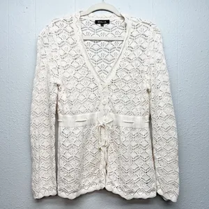 DALIA Pointelle Knit Tie Front Cotton Cardigan Sz Large Cottage Beachy Coastal thumbnail 6