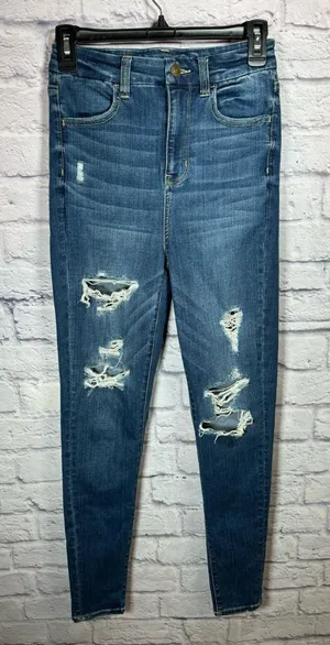 American Eagle distressed Curvy Super High Rise Jeggings‎ dark wash size 4 thumbnail 1