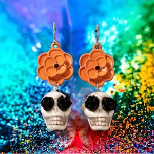 Skull Orange Flower Black Rose Eyes Drop Dangle‎ Earrings Faux Fashion Jewelry thumbnail 4