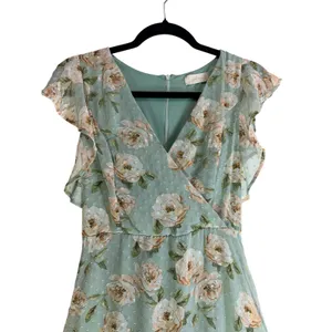 Altar’d State Green Floral Midi Dress Ruffle Sleeve V Neck No Belt thumbnail 3