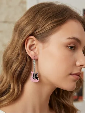 Electric guitar silver plated pink‎ dangle drop earrings faux fashion jewelry thumbnail 1