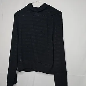 Free People raw hem cowl neck long sleeve knitted black pull over sweater sz M thumbnail 6