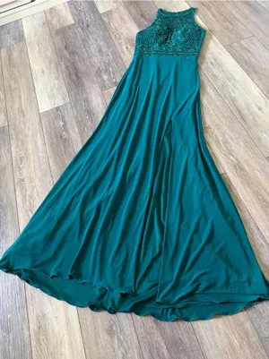 Sherri Hill Teal Beaded Halter Prom Gown with Side Slit thumbnail 5