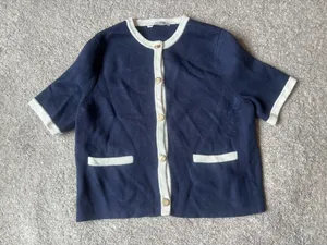 Abercrombie & Fitch Navy Ivory Contrast Trim Short Sleeve Cardigan Small thumbnail 2