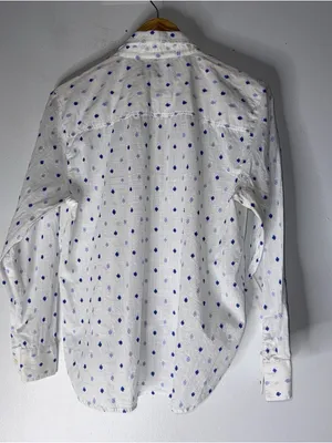 Loft Button‎ Down Tie Front Collar Top White Blue Textured Pattern Large thumbnail 2