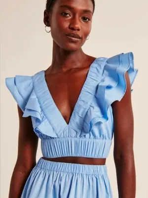 Abercrombie & Fitch Ruffle Poplin Cropped Top Blue Size Small thumbnail 1