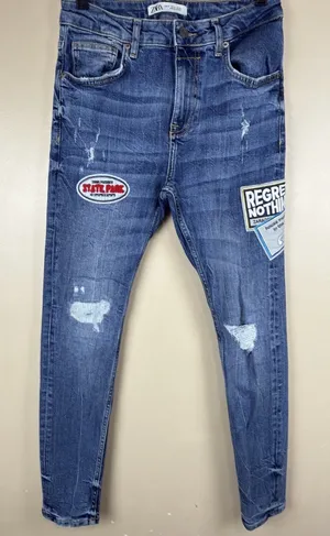 Zara Women’s Skinny Stretch Blue Jeans Size 30 Patch “Regret Nothing” thumbnail 1