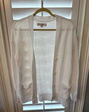 Loft White Cardigan Sweater Knit Pockets Medium thumbnail 3