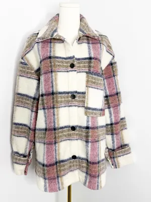 Zara Plaid Overshirt Jacket Size M Pink Cream Shacket Button Front thumbnail 3