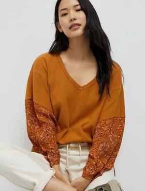 ANTHROPOLOGIE Annette Thermal Waffle Knit/Floral Top - Small thumbnail 1