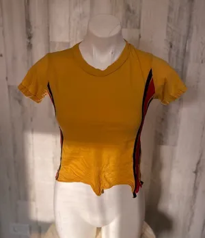 On Fire Mustard Yellow Crop Top Womens Small Side Racing Stripes Retro Crew Neck thumbnail 1