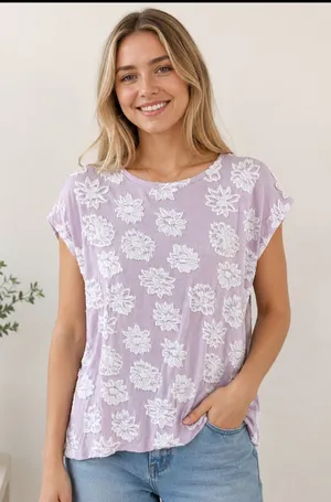 LOFT Lilac Floral Embroidered Short Sleeve Top - Size: medium thumbnail 1