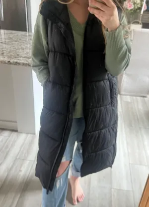 Zara Women's Black Long Puffer Vest Water Repellent Zip XL thumbnail 4