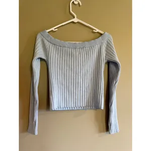Aerie Light Blue Ribbed‎ Off The Shoulder Long Sleeve Sweater NWT 065-0745-3605 thumbnail 3